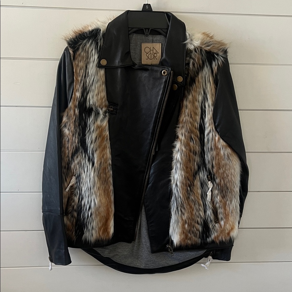 Chaser Black Leather Jacket with Brown Faux Fur